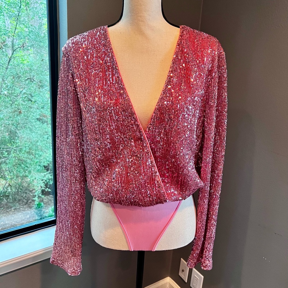 Southern Fried Chics Rose all Day Pink Sequin Bodysuit Size Small